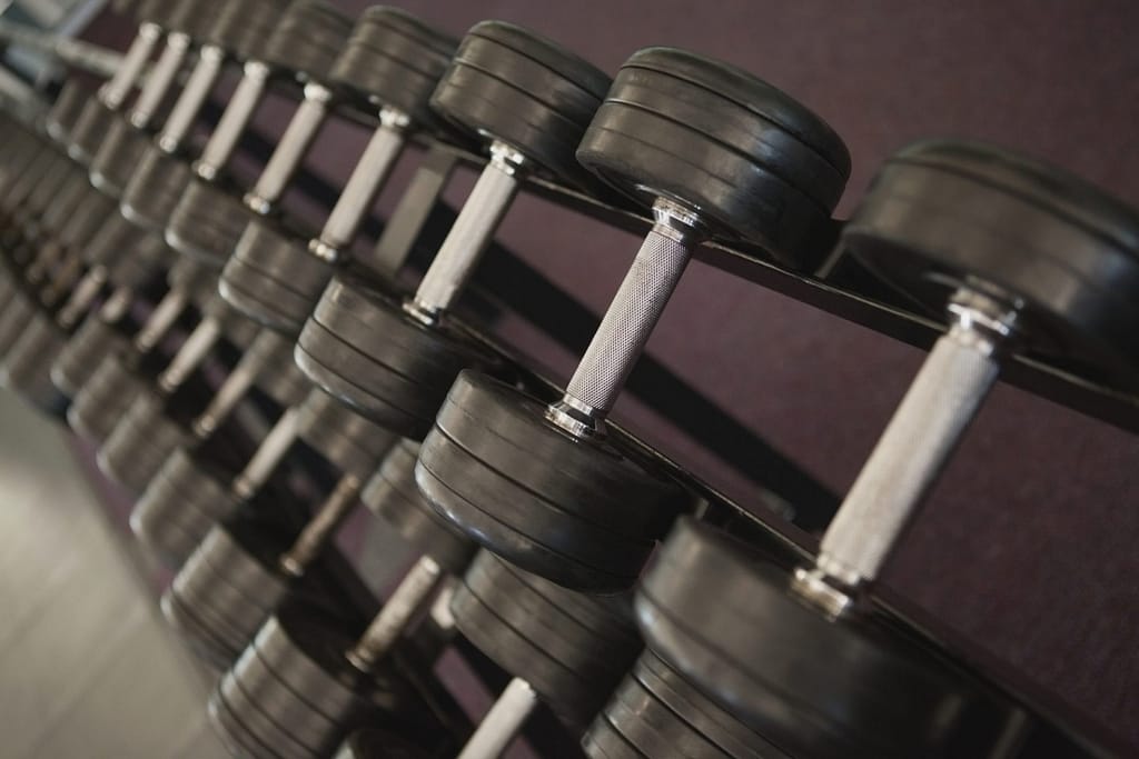 Dumbbells on a rack at a gym.