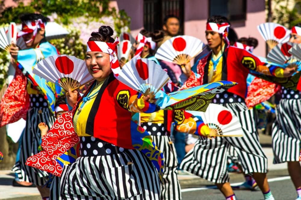 a flag dance at a Japanese festival