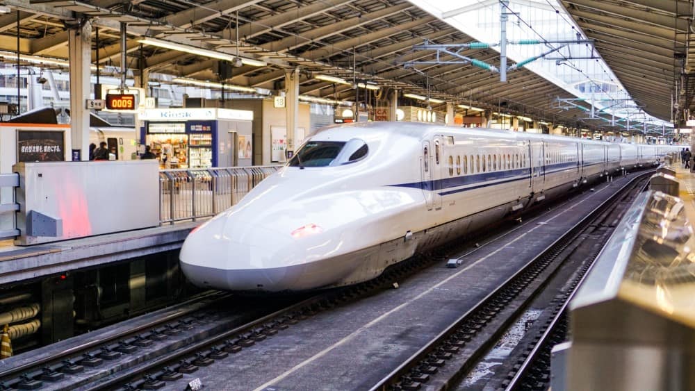 a super fast bullet train in a Japanese station