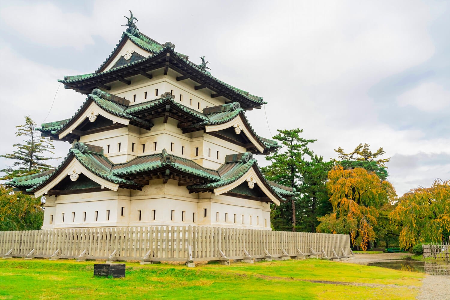 Exterior view of the Hirosaki Castle with beautiful fall color at Aomori, Japan