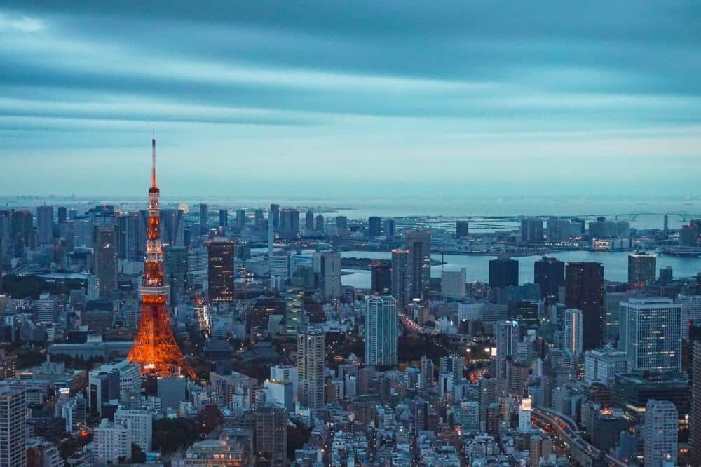 a cityscape of Japan at twilight