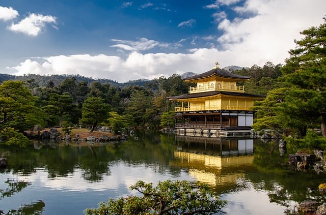 The Golden pavilion overlooking the pond at Kinkaku-Ji temple