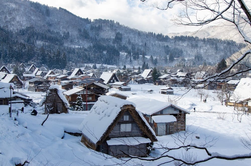 A snowy Japanese village with various different types of traditional Japanese houses, mainly with thatched roofs, with mountains and trees in the background