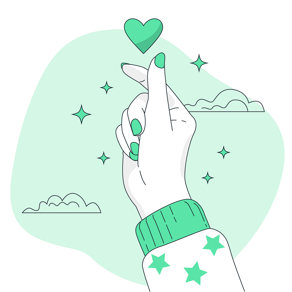 A mint green and white illustration of a person’s hand, making the K-pop heart symbol with their thumb and index finger.