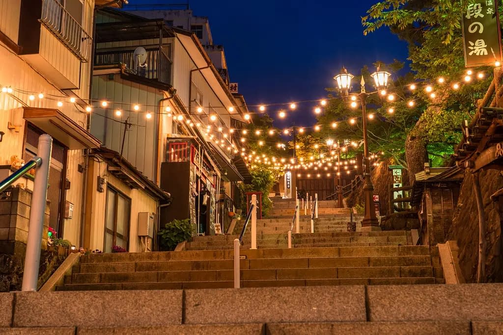 A set of steps in Gunma Japan, lit up at night by string lights