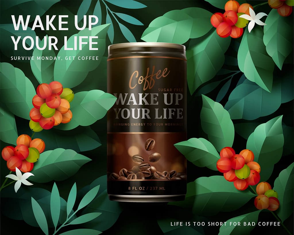 Sugar free black coffee ad design in 3d illustration surrounded by paper art ripe red coffee cherries on a coffee plant