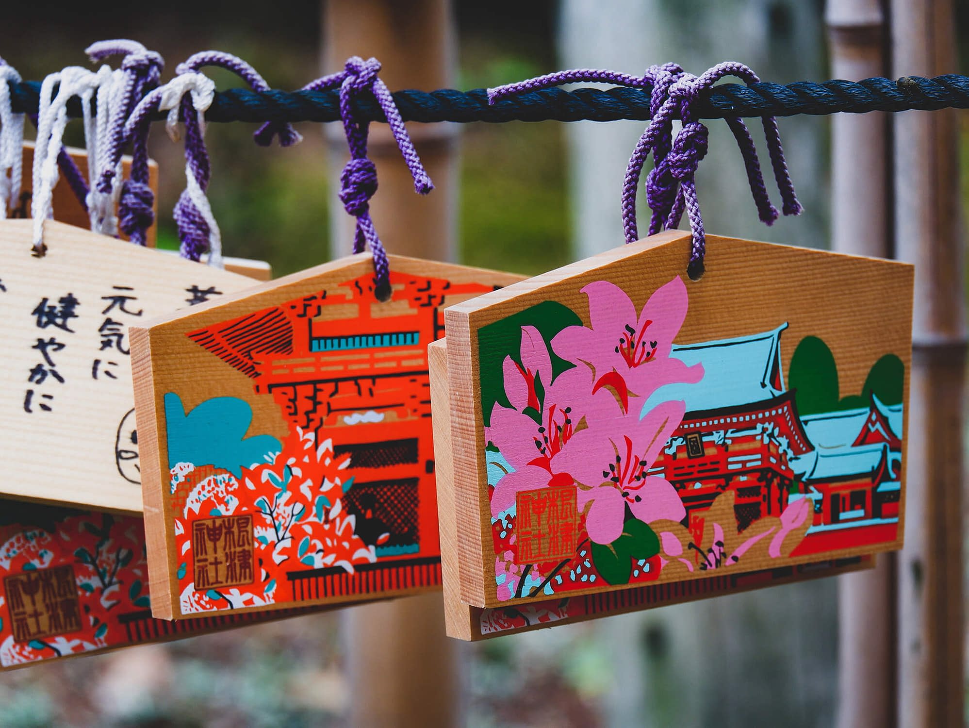 Painted wooden slates (ema) at a Japanese shrine