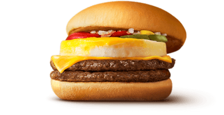 Two burger patties, with a round egg and cheese on top, sandwiched between two plain burger buns,