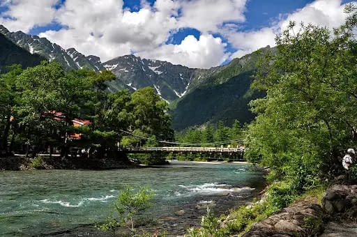 A river and bridge located within the Japanese Alps, in Kamikochi
