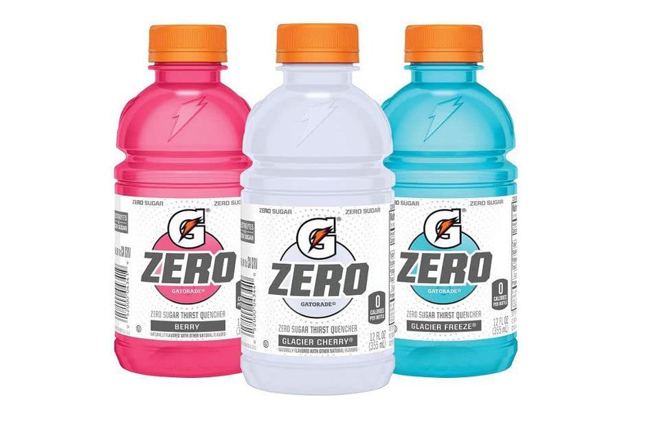 Three Gatorade bottles, pink, white and blue flavour