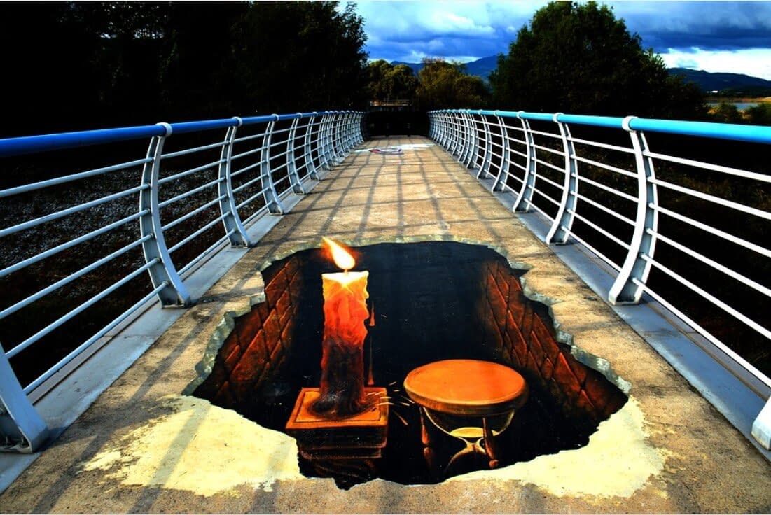 Trick art painted on a bridge.