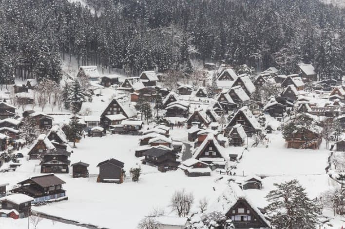 Ski village with snow covered rooves