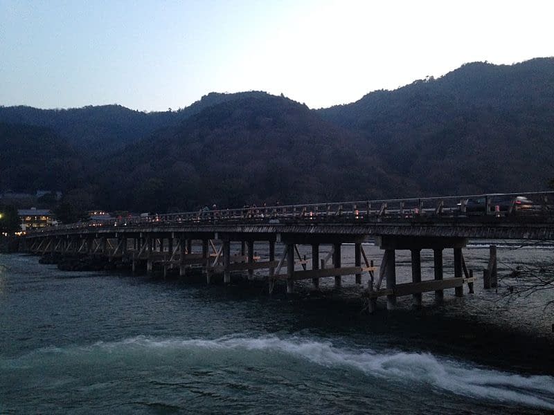 Togetsukyo Bridge spanning the Katsura river in the evening