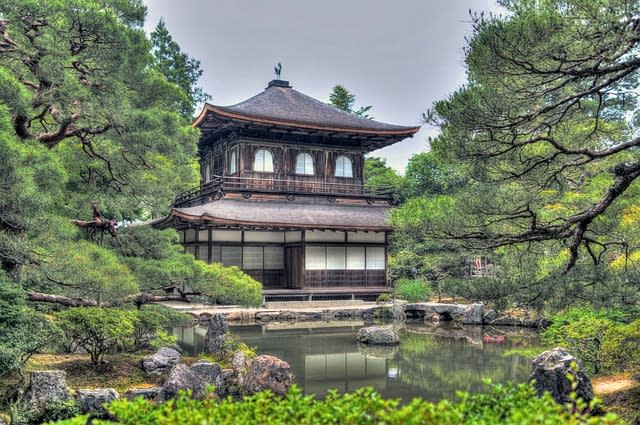 The main Ginkaku-ji temple building overlooking the pond