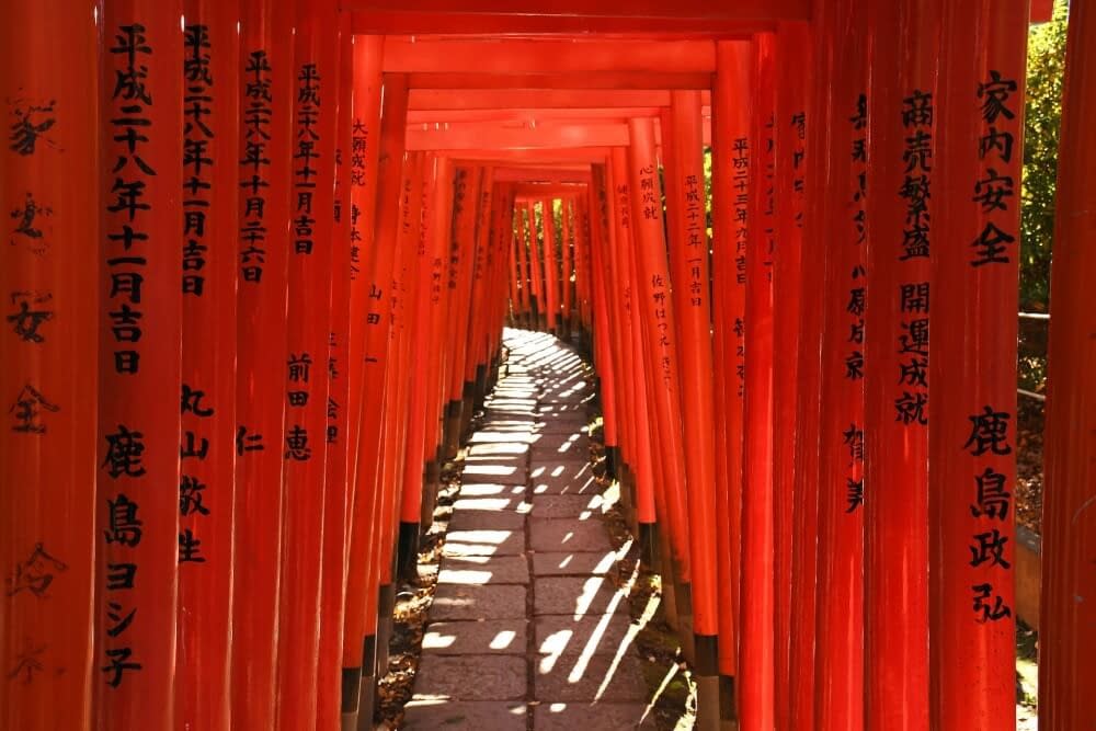 tunnel of red torii gates close together