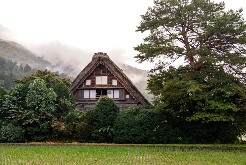 a traditional japanese house in a rural village surrounded by trees and fields